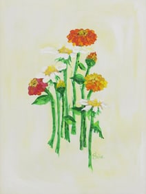 FRAMED ACRYLIC PAINTING OF DAISIES & ZINNIAS, SIGNED ELOUISE