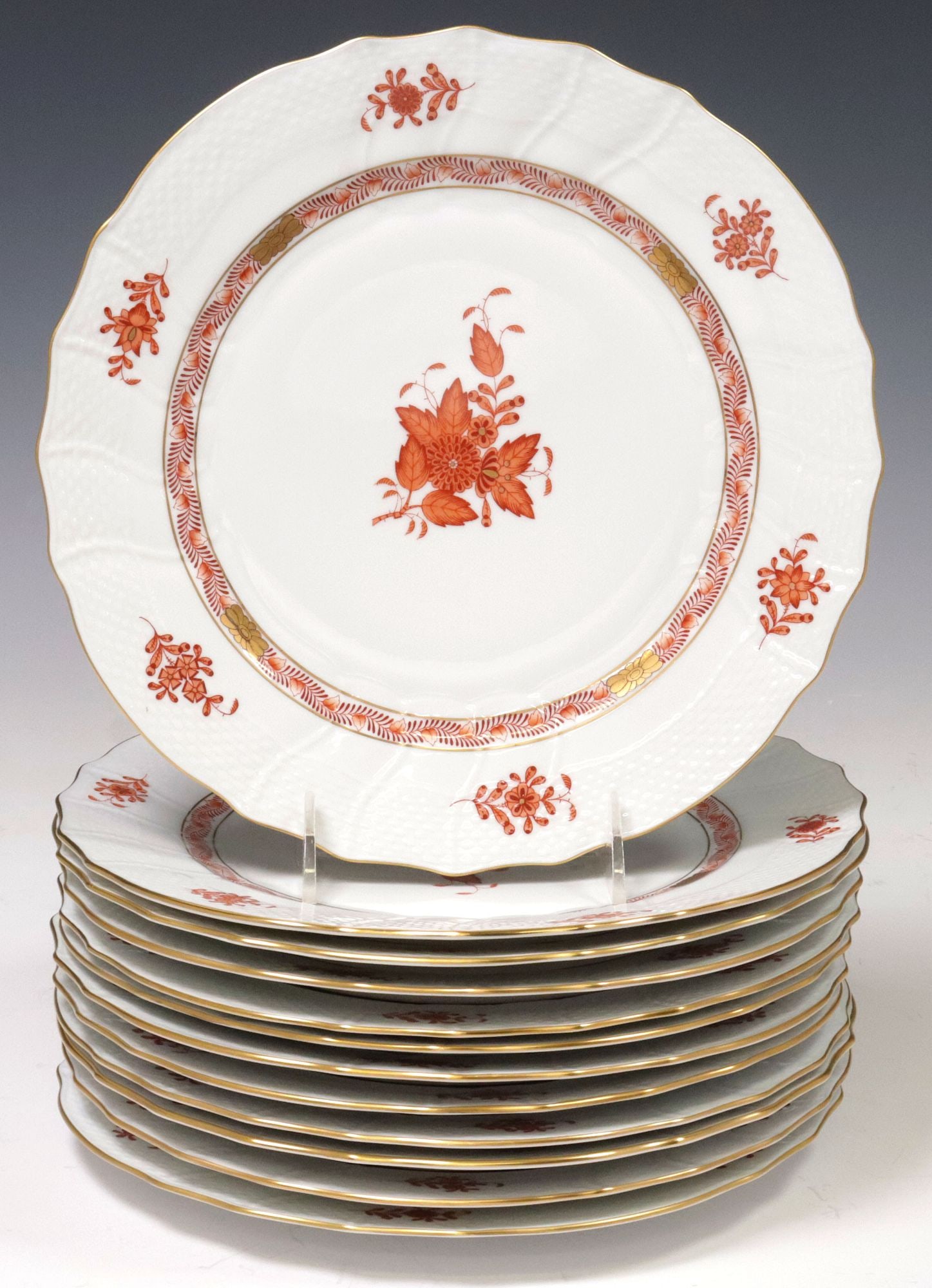 (12) HEREND CHINESE BOUQUET RUST DINNER PLATES (1 of 5)