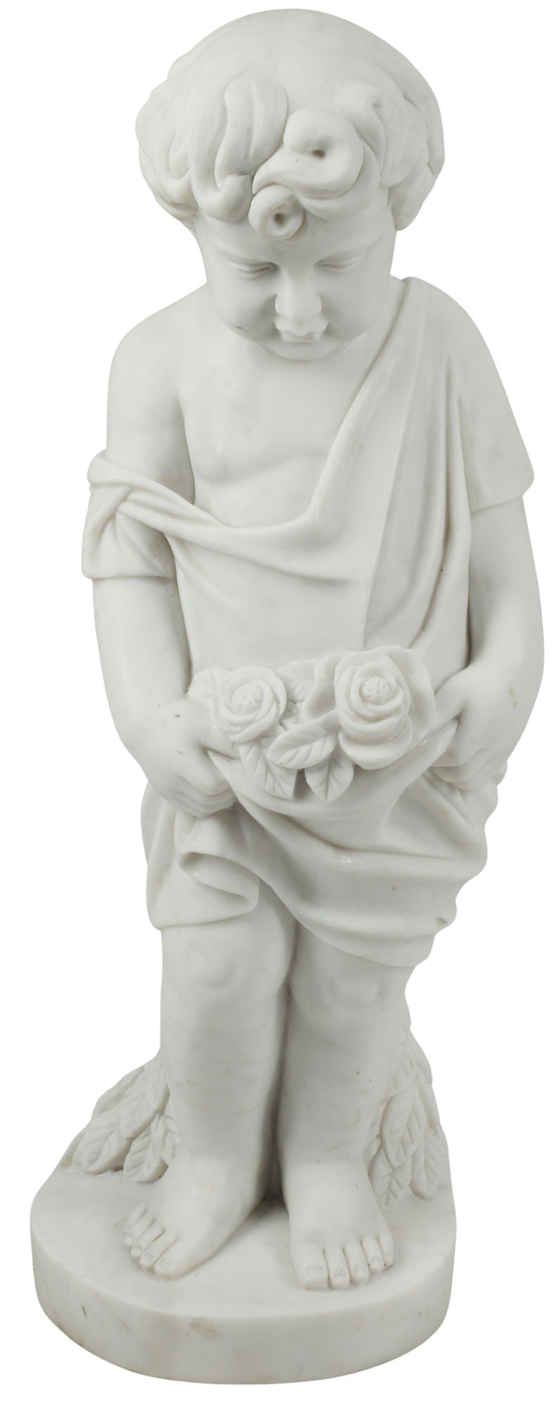 CLASSICAL STYLE CARVED MARBLE SCULPTURE, YOUNG BOY WITH FLOWERS (1 of 6)