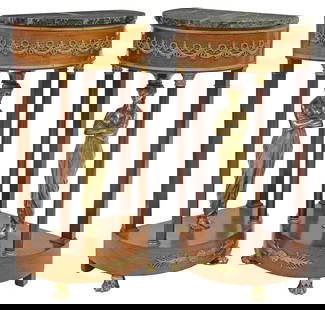 (2) FINE FRENCH EMPIRE STYLE GILT METAL & MAHOGANY CONSOLE TABLES: French Empire style mahogany jardinieres/ planters, now converted into consoles, in the manner of Francois-Honore-Georges Jacob-Desmalter (French, 1770-1841), 19th c., having demilune verde marble top