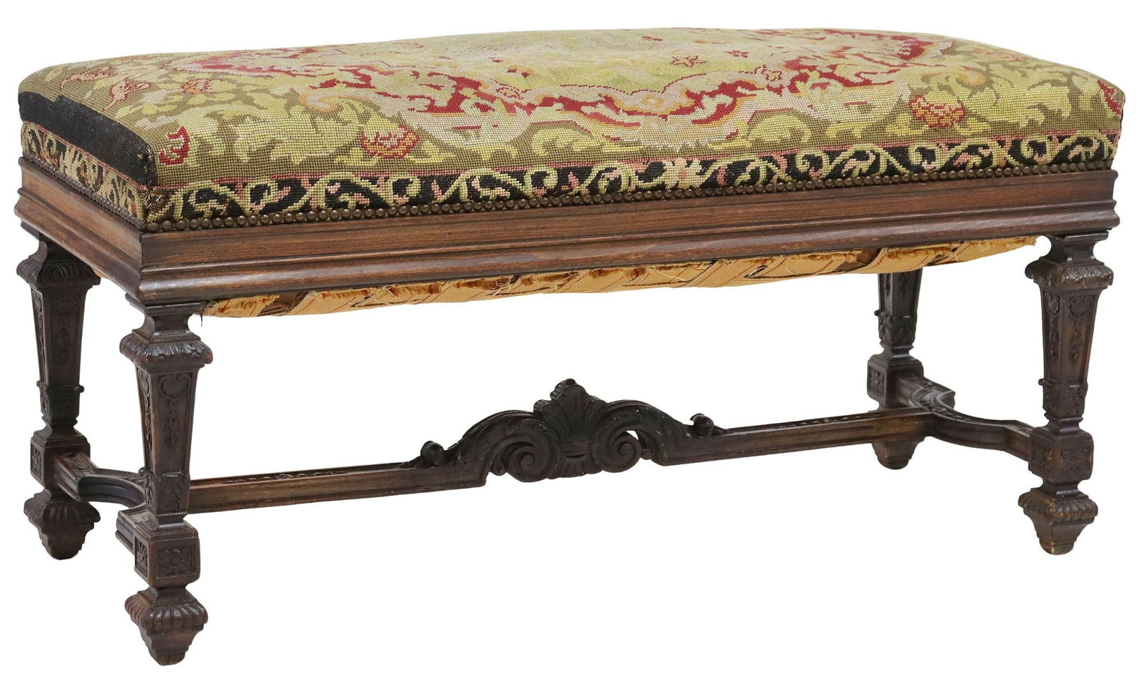 FRENCH LOUIS XIV STYLE NEEDLEPOINT & CARVED BENCH (1 of 3)