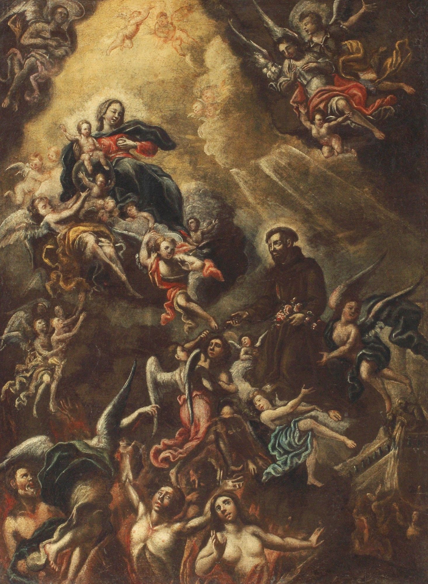 FRAMED OIL ON CANVAS RELIGIOUS PAINTING SOULS IN PURGATORY (1 of 5)