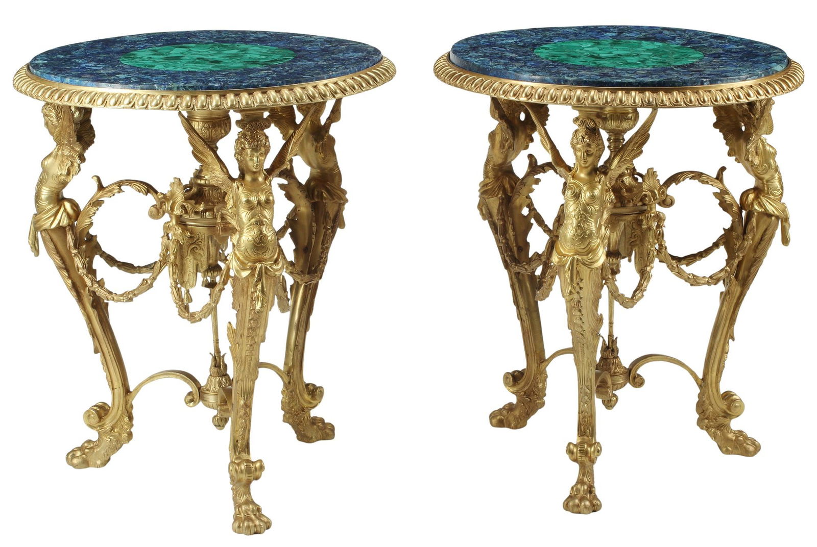 (2) REGENCE STYLE FIGURAL MALACHITE & AZURITE-TOP ORMOLU SIDE TABLES (1 of 5)