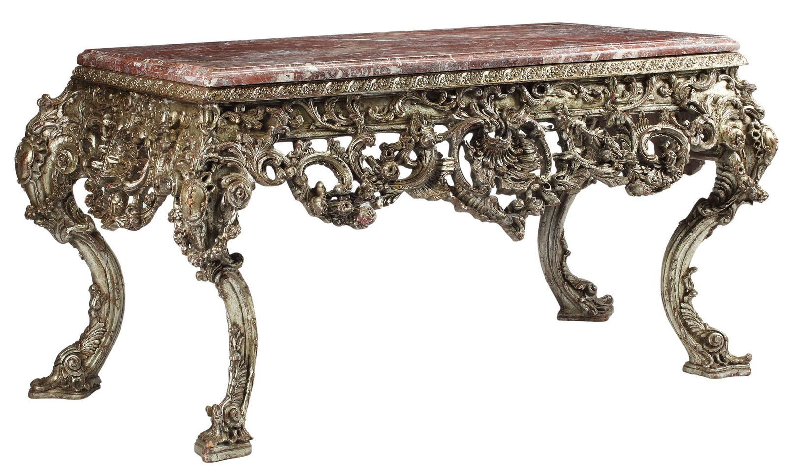 GEORGE II STYLE MARBLE-TOP SILVER GILT CONSOLE TABLE (1 of 5)