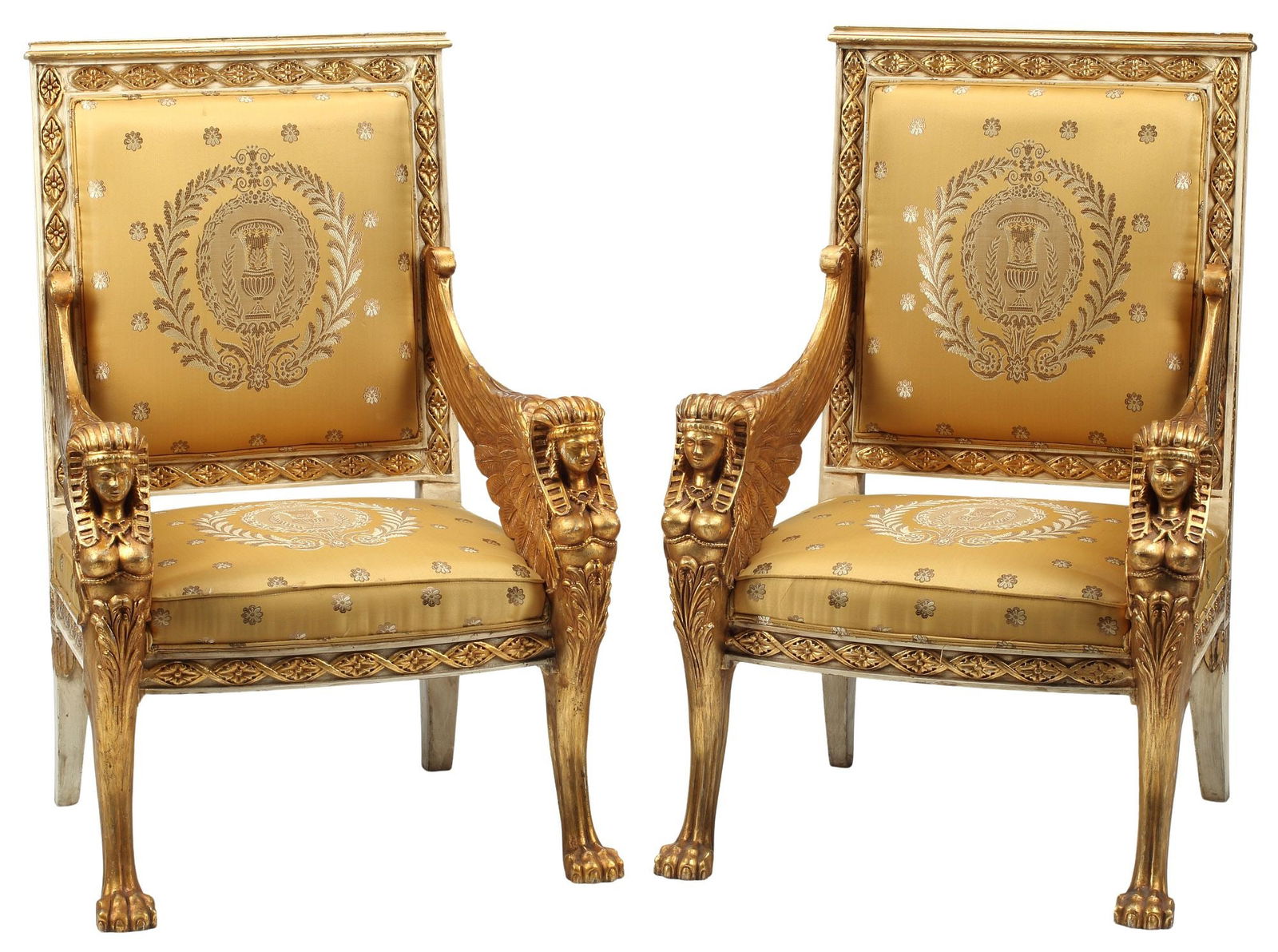 (2) EMPIRE STYLE PARCEL GILT WINGED SPHINX UPHOLSTERED ARMCHAIRS (1 of 6)
