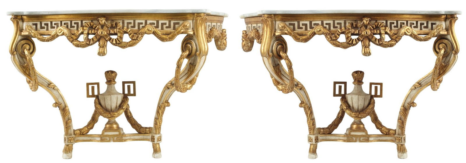 (2) NEOCLASSICAL STYLE MARBLE-TOP PARCEL GILT CONSOLE TABLES (1 of 10)