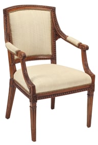 NEOCLASSICAL STYLE BEIGE-UPHOLSTERED OPEN ARMCHAIR