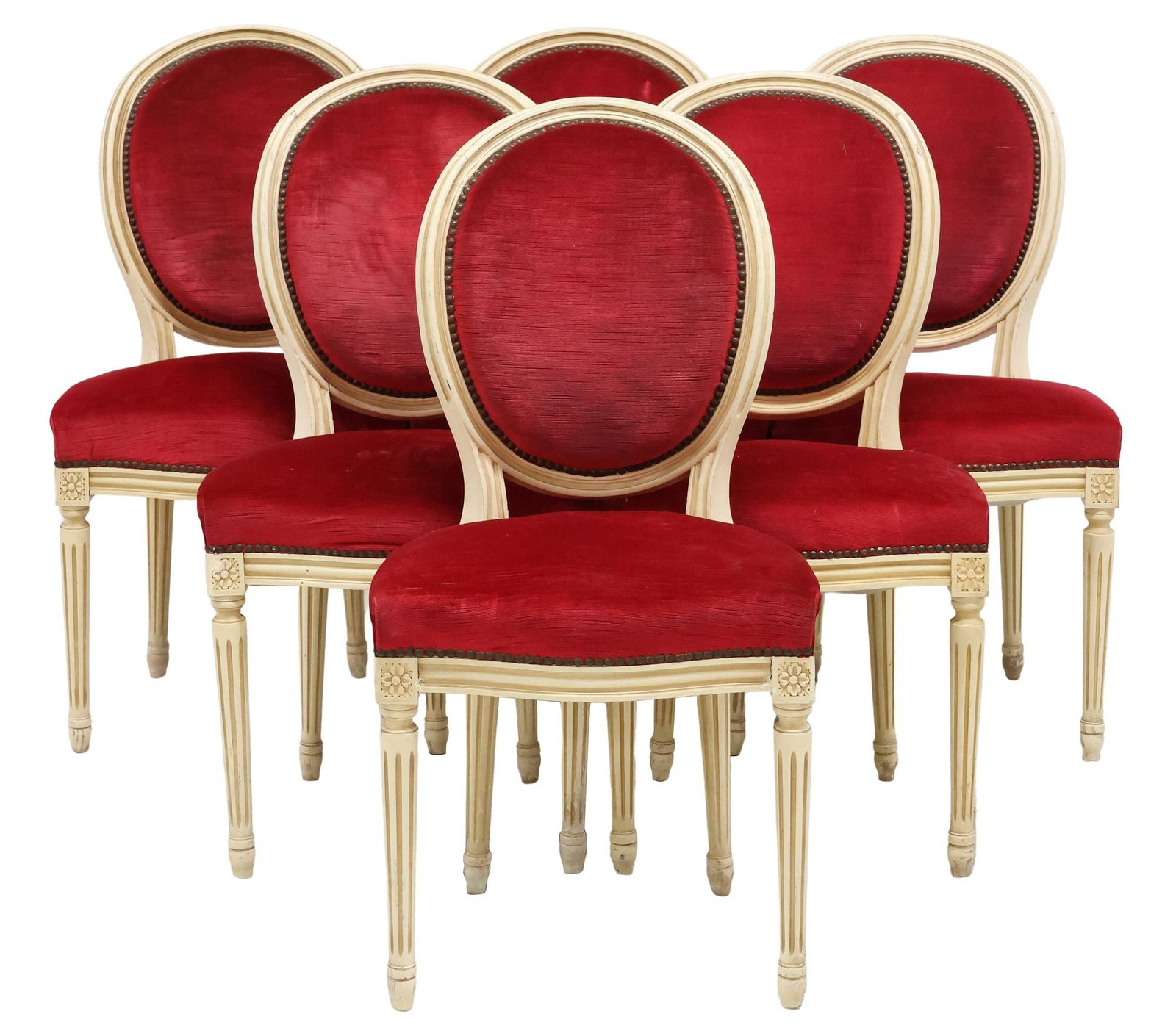 (6) FRENCH LOUIS XVI STYLE PAINTED DINING CHAIRS: (lot of 6) French Louis XVI style dining chairs, 20th c., frames in a white-painted finish, curved oval backs and seat in a red fabric upholstery, with nail-head trim, rising on tapered and fluted leg