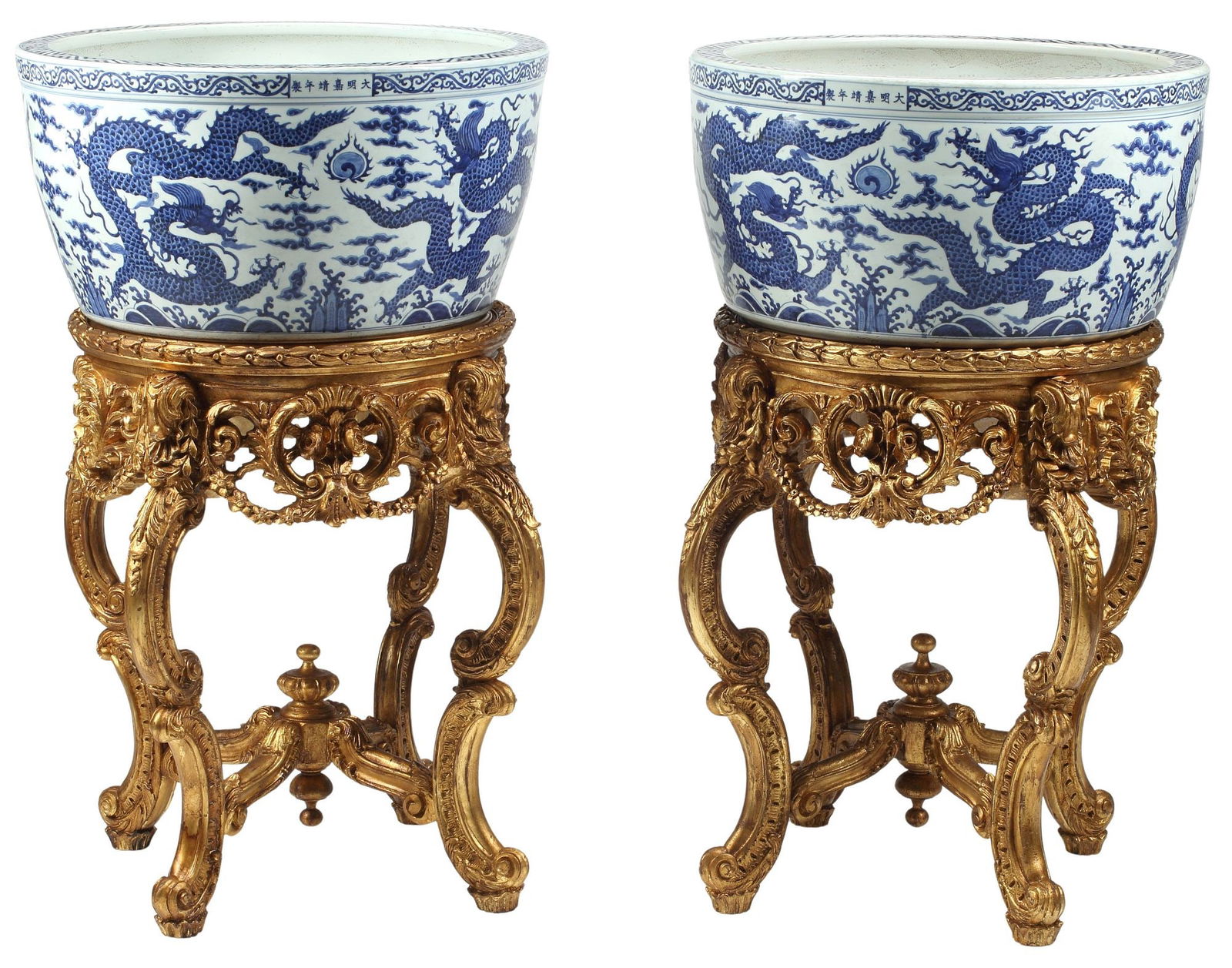 (2) CHINESE BLUE & WHITE PORCELAIN FISH BOWLS ON GILT STANDS (1 of 7)