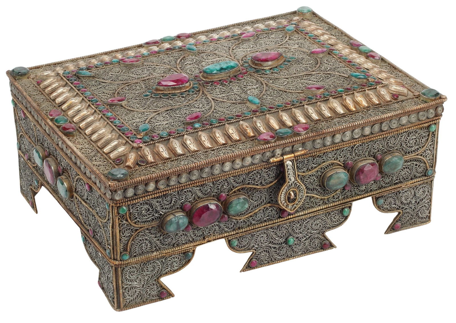 GEM-ENCRUSTED SILVERED METAL FILIGREE TABLE CASKET (1 of 4)