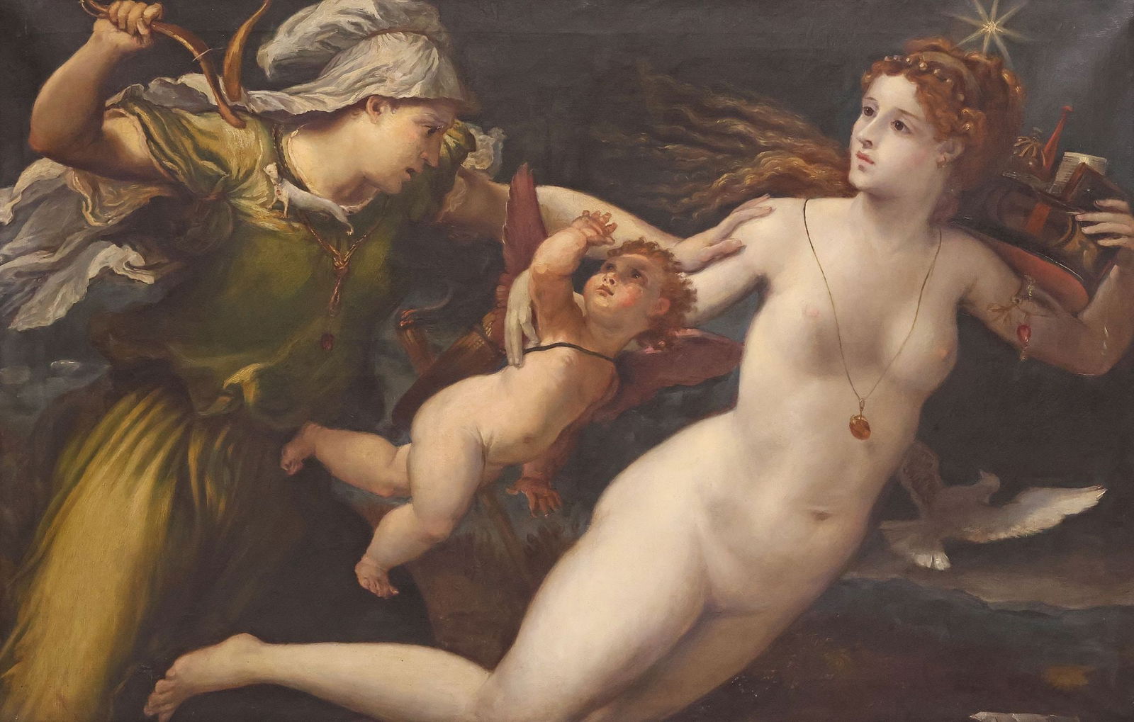 AFTER LORENZO LOTTO PAINTING 'TRIUMPH OF CHASTITY': Framed oil on canvas painting, Triumph of Chastity, after Lorenzo Lotto (Italian, c.1480-1556/57), signed verso Else Maniek (?) (German, 19th/ 20th c.), dated 189?, tears, patched repairs to canvas, s