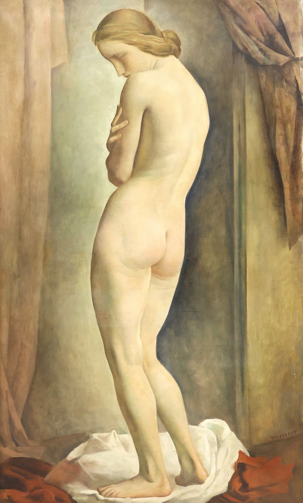 LOUIS BUISSERET (1888-1956) OIL PAINTING, NUDE FEMALE PORTRAIT, 51.5" X 32": Framed oil on canvas painting, Nude Female Portrait, signed lower right Buisseret (Louis Buisseret, Belgian, 1888-1956), patched repairs canvas verso, sight: approx 51"h, 31"w, overall: approx 56"h, 3