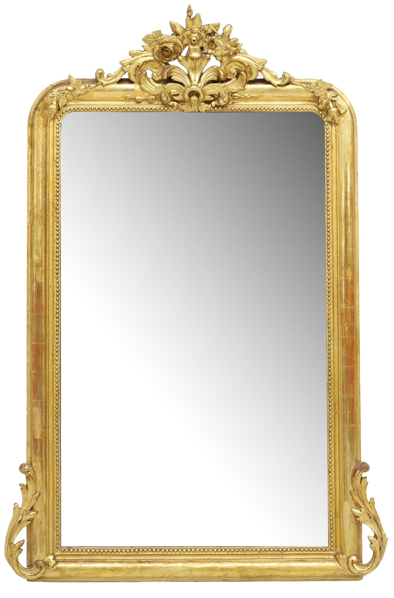 FRENCH LOUIS PHILIPPE PERIOD GILTWOOD MIRROR: French Louis Philippe period giltwood mirror, mid 19th c., having scrolled foliate and floral crest, over arched frame with beaded trim, encasing flat mirror plate, later gilt painted touchups, some s
