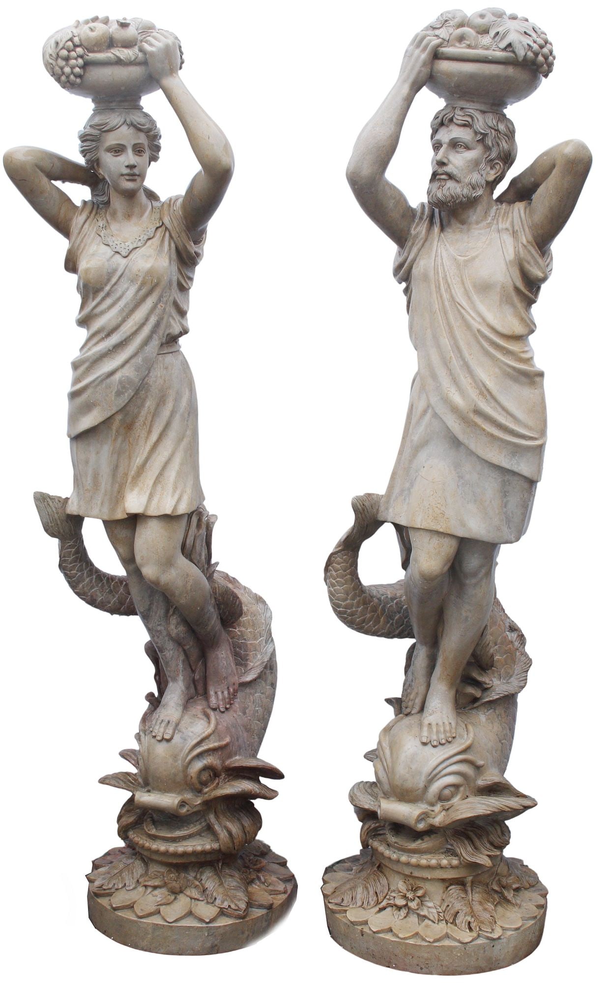 (2) LARGE CARVED MARBLE SCULPTURES, CLASSICAL FIGURES ON DOLPHINS, 69.5"H (1 of 7)