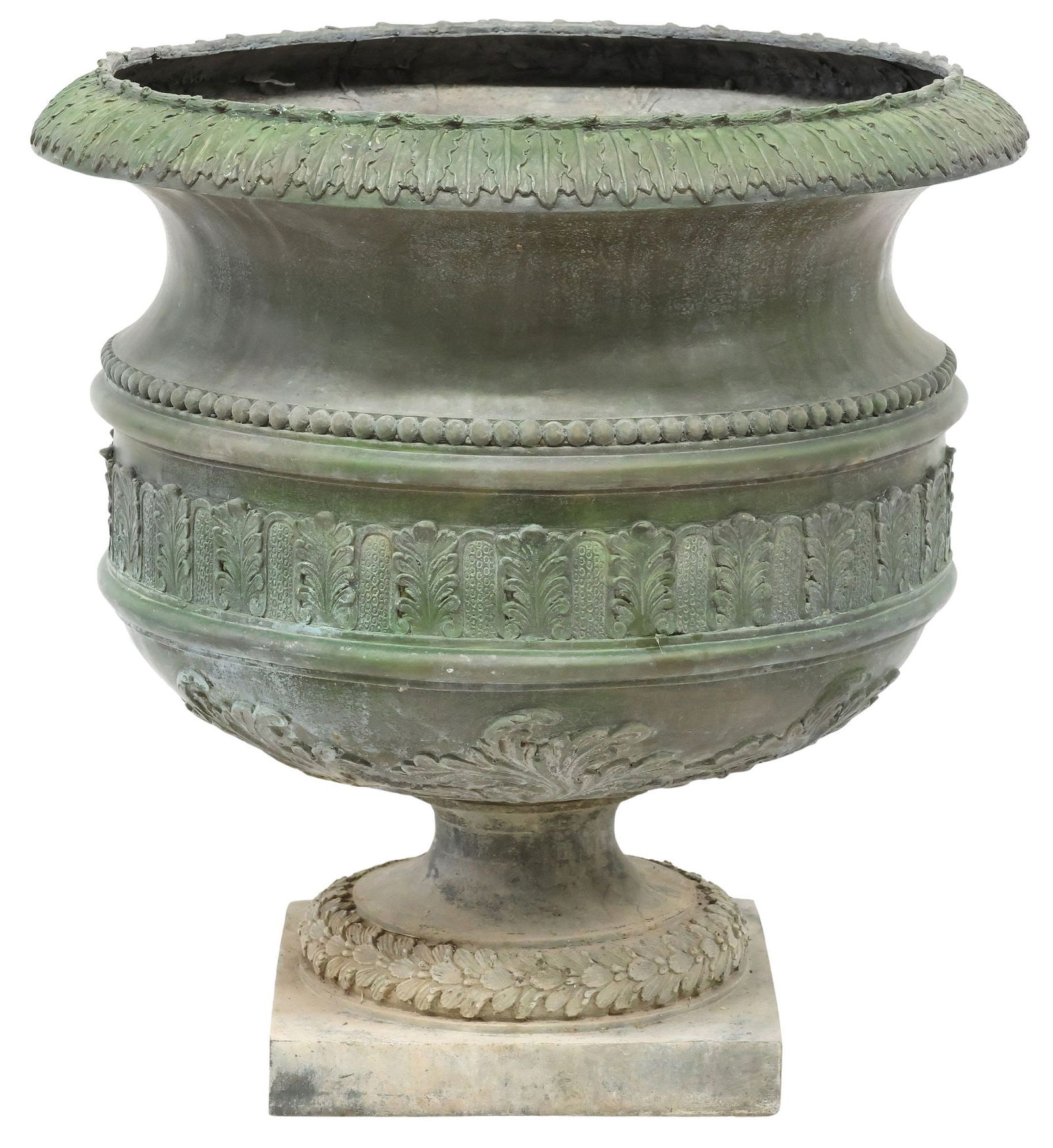 NEOCLASSICAL STYLE VERDIGRIS PATINATED BRONZE URN PLANTER, 28.5"DIAM (1 of 3)