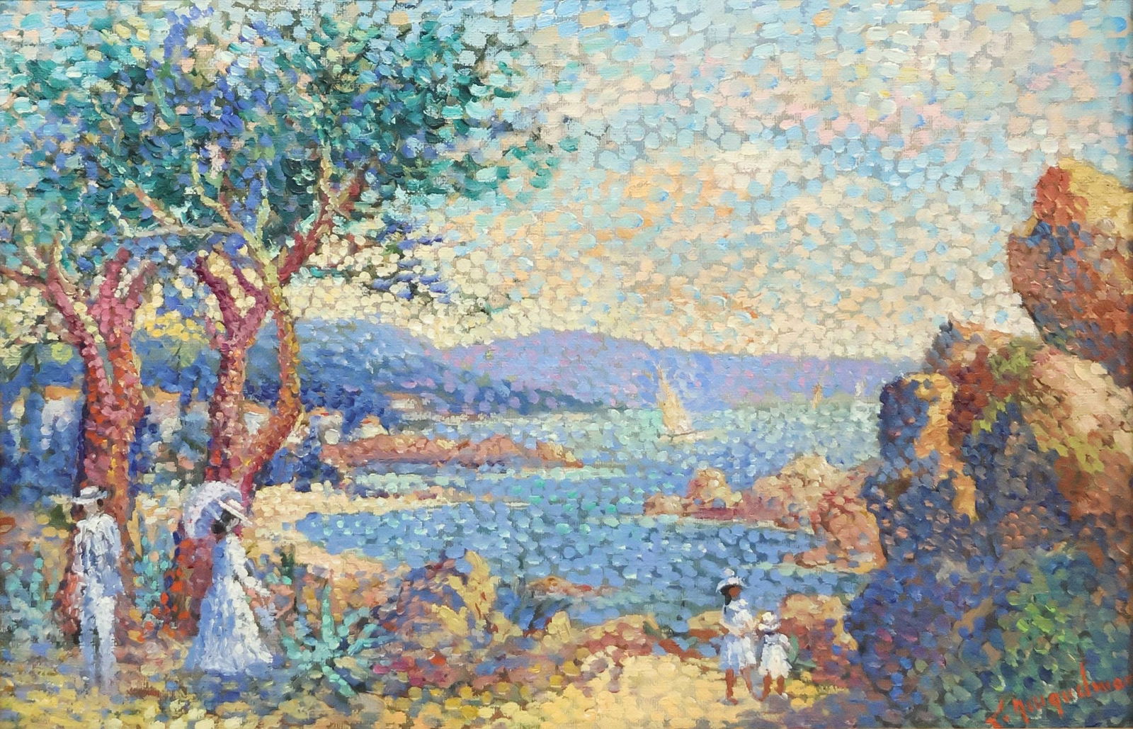LUCIEN NEQUELMAN (1909-1988) FRENCH RIVIERA POINTILLIST LANDSCAPE: Framed oil on canvas painting, Figures in a Pointillist Riviera, signed lower right L. Neuquelman (Lucien Neuquelman, French, 1909-1988), additional signature verso, sight: approx 10"h, 16.5"