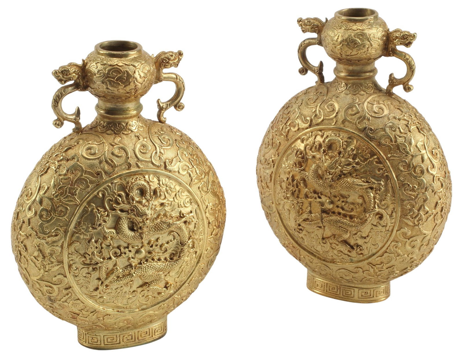 (2) CHINESE GILT BRONZE PILGRIM JARS / MOON FLASK VASES: (pair) Chinese bronze dore pilgrim jars/ moon flasks, each having dual dragon-form handles, over reserves depicting dragons and flame motifs, among cloud scrollwork, approx 9"h, 6.5"w, 3"d