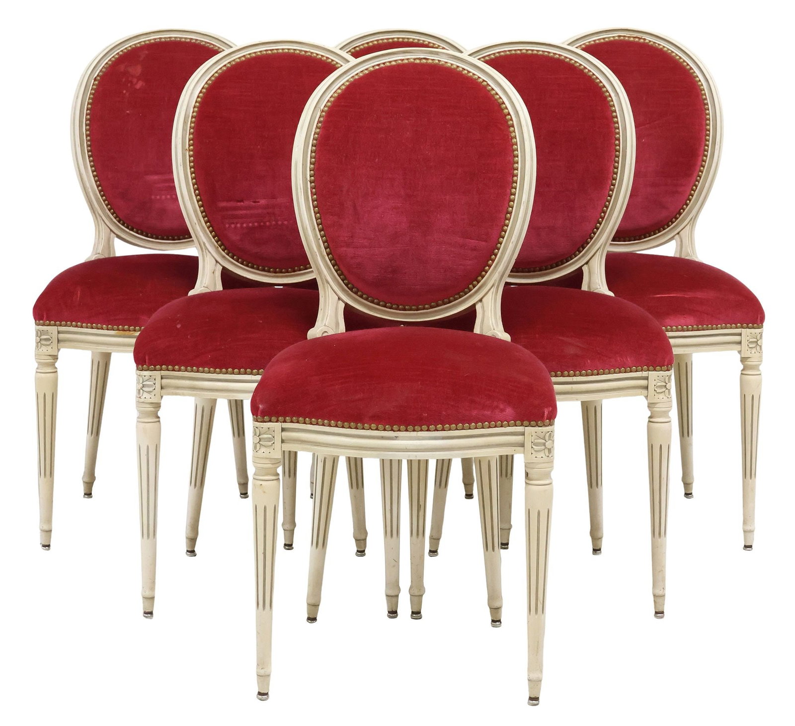 (6) FRENCH LOUIS XVI STYLE PAINTED DINING CHAIRS: (lot of 6) French Louis XVI style painted dining chairs, 20th c., each having oval medallion back and padded seat, in red velvet upholstery, with nailhead trim, rising on fluted tapered legs, ending o