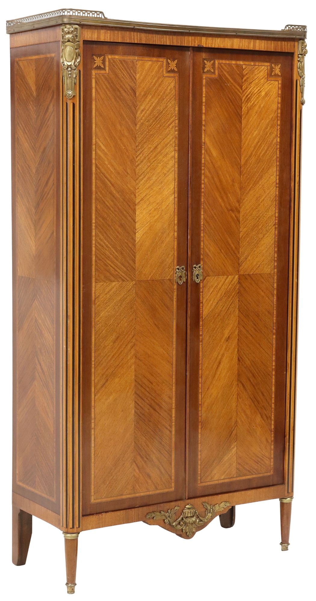 FRENCH LOUIS XVI STYLE MARBLE-TOP INLAID MATCHED VENEER BOOKCASE: French Louis XVI style matched veneer bookcase, having inset marble top, with pierced gilt metal three-quarter gallery, over dual cabinet doors with parquetry trim, foliate accents, opening to interio