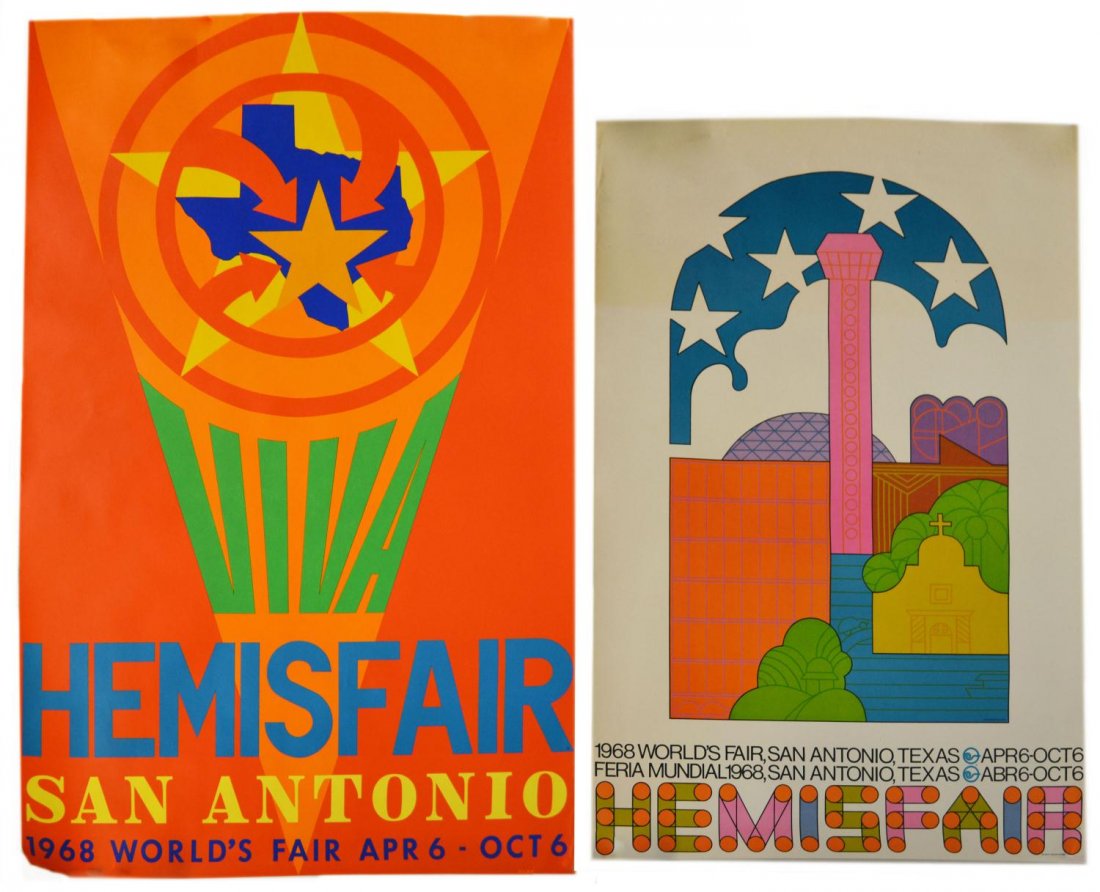 VINTAGE TEXAS HEMISFAIR POSTERS, ROBERT INDIANA: (lot of 2) Unframed vintage posters, both from Hemisfair, San Antonio, including: (1) 'Viva Hemisfair / San Antonio / 1968 Words Fair / April 6-Oct 6', by Robert Indiana (American, b. 1928-), lower le
