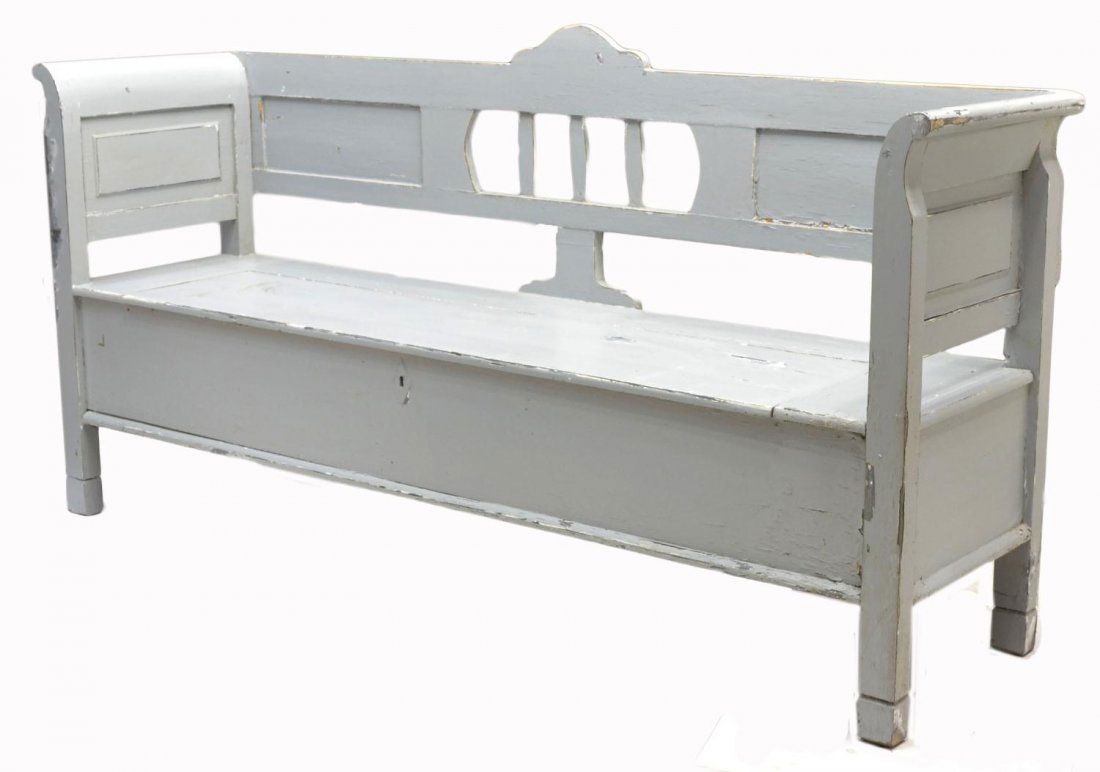 DANISH PAINTED PINE SETTLE: Painted pine settle, Denmark, 20th c., the shaped back, open at center, and arms raised over hinged top storage, all on squared legs, loss to gray paint, 38.5öh, 76öw, 20öd Start Price: $150.00