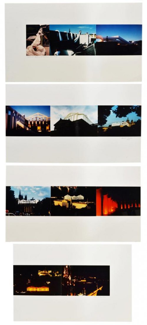 NATIONAL GALLERY OF SCOTLAND, VERA SIMONS ART: (lot of 4) Color photograph story line panels, 'Ariel Crown', by Vera Simons (Vera Habrecht Simons, German/ American, 1920-2012), the inflatable sculpture was shown at the National Gallery of Scotland