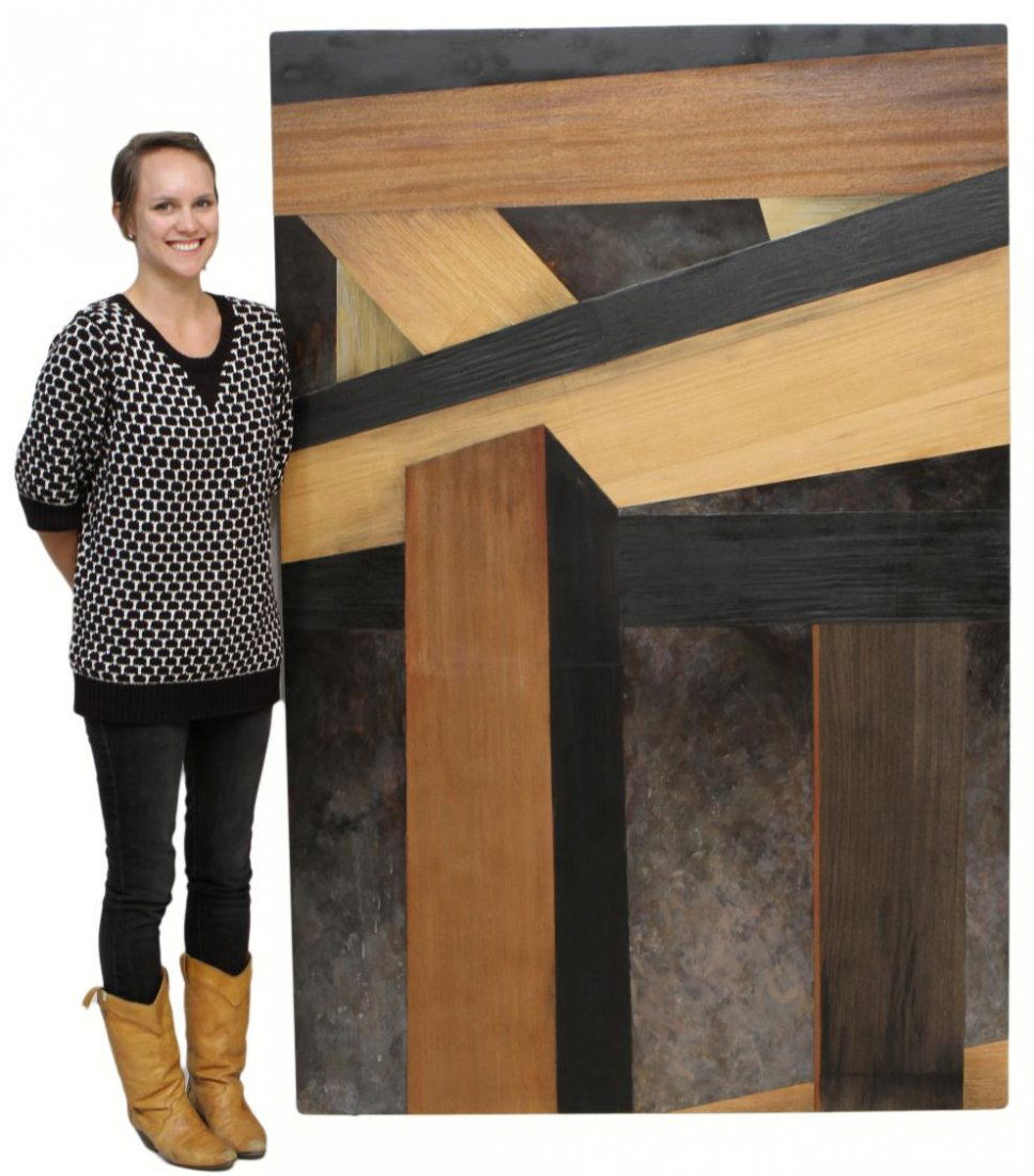 MIXED MEDIA COLLAGE, ABSTRACT WOOD, VERA SIMONS: Unframed mixed media collage on art board, Abstract of Wood, a collage of exotic wood veneers, by Vera Simons (Vera Habrecht Simons, German/ American, 1920-2012), 71.75"h, 48"w, 8.75lbs **Provenance: