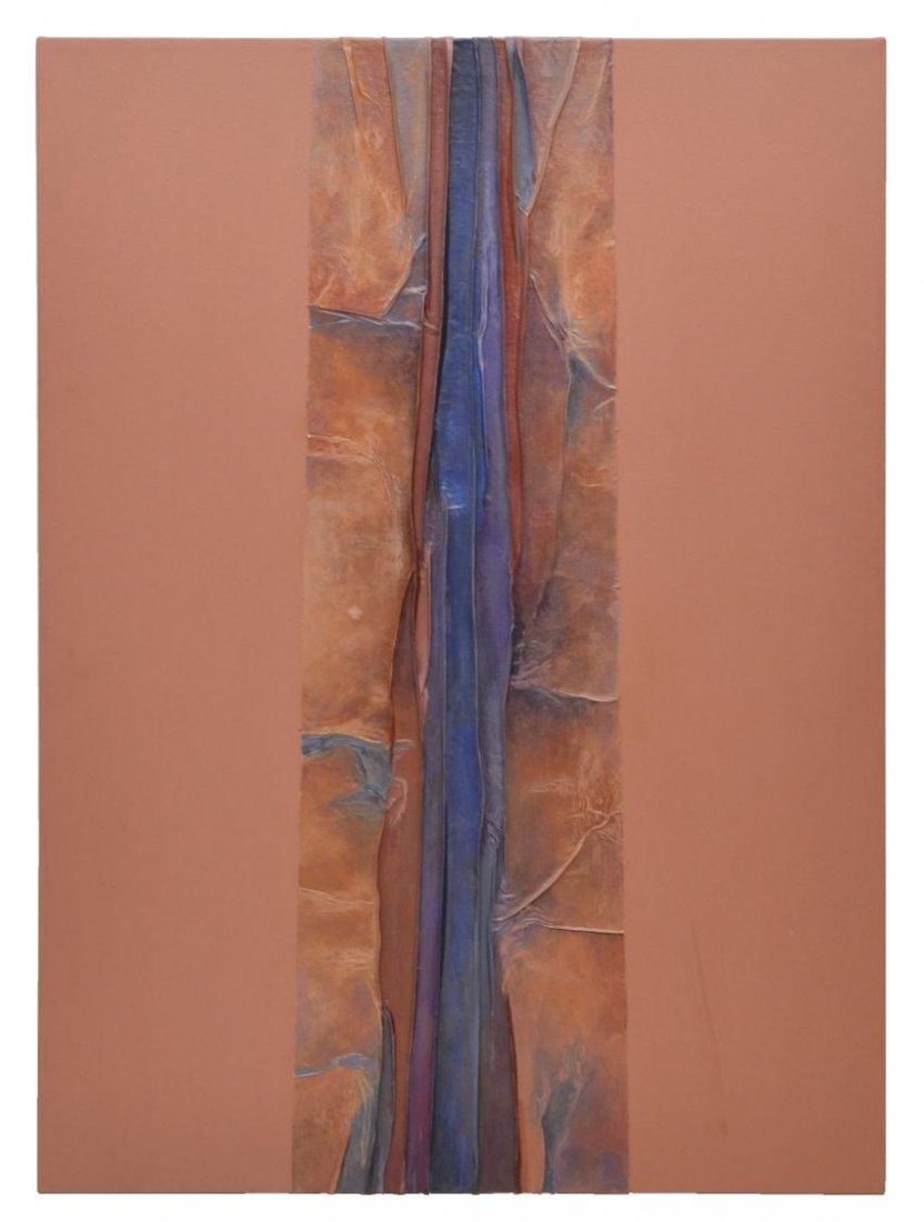 PAINTING, TRAJECTORY XVII EL MORO, VERA SIMONS: Unframed mixed media painting on canvas, "Trajectory XVII El Moro", from the Trajectory Series portraying New Mexico rivers from above, by Vera Simons, (Vera Habrecht Simons, German/ American, 1920-20