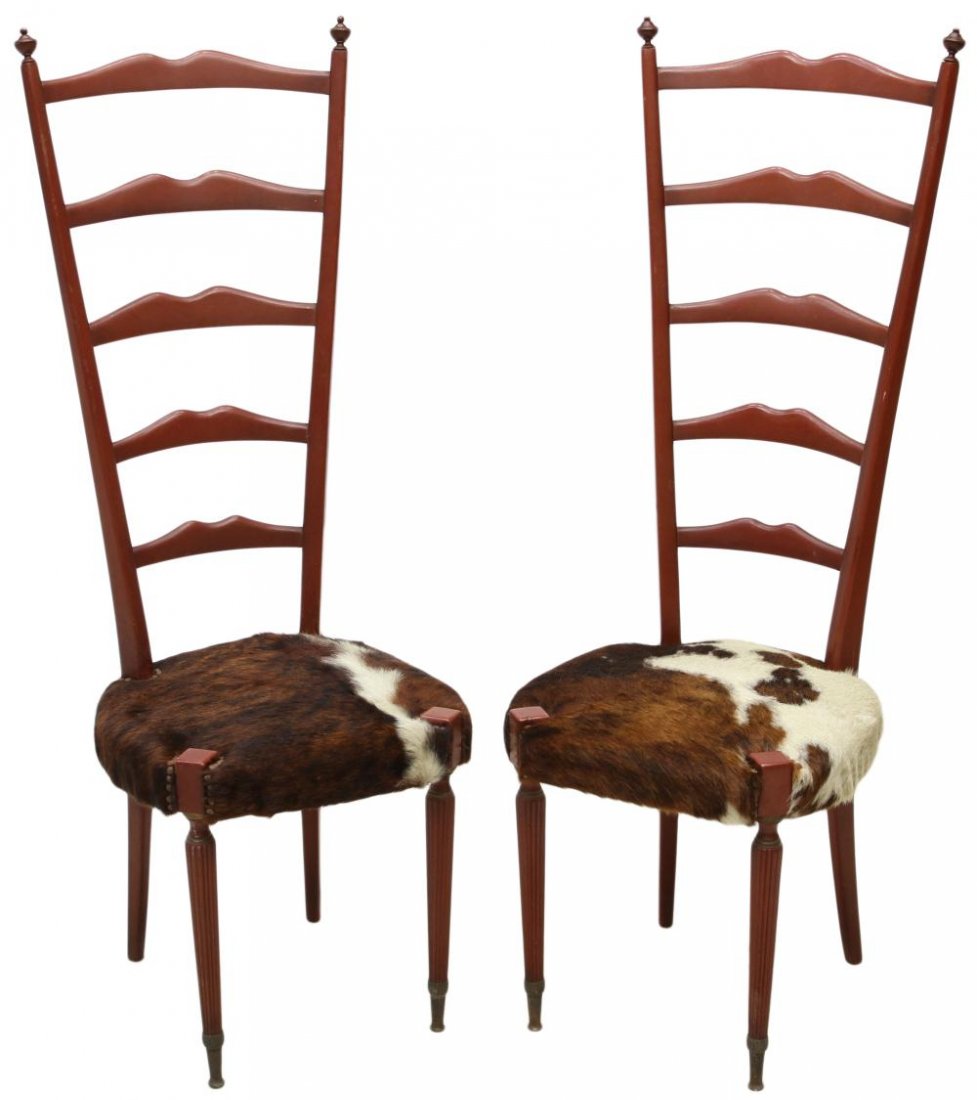 ITALIAN MID-CENTURY MODERN CHAIRS MERONI & FOSSATI: (pair) Mid-century modern chairs, Meroni & Fossati, Lissone, Italy, c. 1955, tall ladder back chairs with long hair cowhide upholstery, set on ribbed tapered front legs, 50"h, 18"w, 17.5"d Start Price