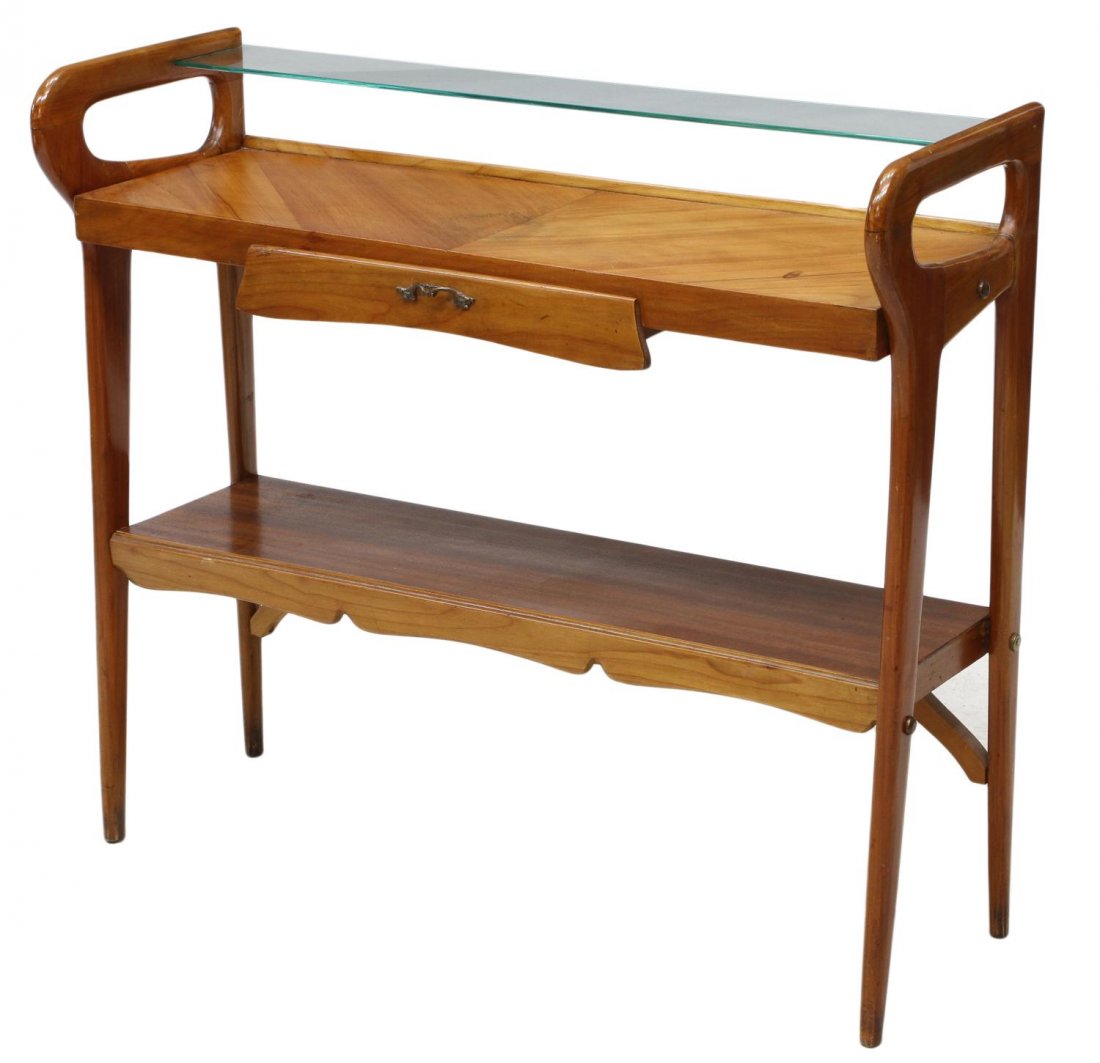 ITALIAN MID-CENTURY MODERN CONSOLE TABLE: Italian mid-century modern console table, c. 1955, a glass insert shelf over two wood shelves with a single drawer, all joined by the shaped open sides, 32.5"h, 37"w, 12.75"d Start Price: $150.00