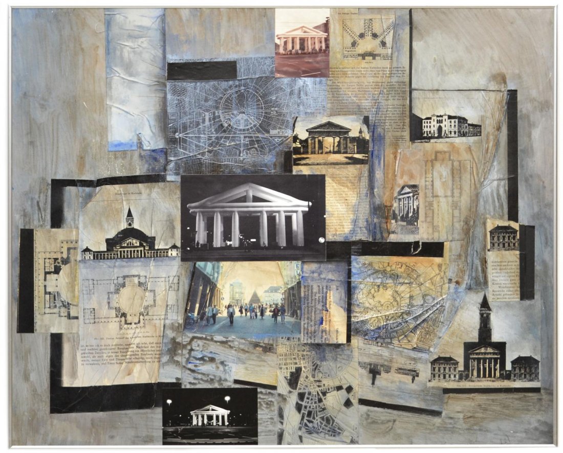 MIXED MEDIA COLLAGE, PANTHEON SERIES, VERA SIMONS: Framed mixed media collage on board, from the Pantheon Series, " by Vera Simons (Vera Habrecht Simons, German/ American, 1920-2012), signed and dated 1990 verso, sight: 31.5"h, 39.25"w, overall: 31.75