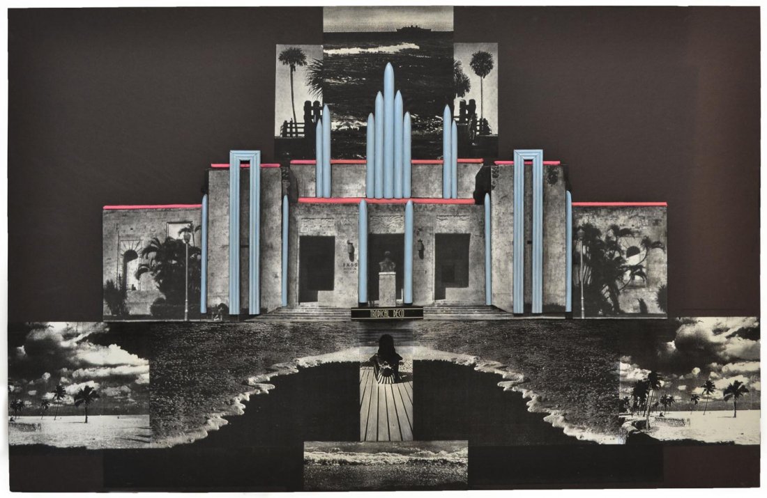 MIXED MEDIA COLLAGE, TROPICAL DECO, VERA SIMONS: Unframed mixed media collage on artist board, "Tropical Deco", signed Vera Simons (Vera Habrecht Simons, German/ American, 1920-2012), dated 1999 verso, 38"h, 56.5"w, 6.25lbs **Provenance: Estate of V