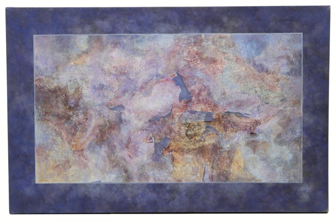 MIXED MEDIA PAINTING, CHANGING SKY, VERA SIMONS: Unframed mixed media painting on canvas, "Changing Sky", by Vera Simons (Vera Habrecht Simons, German/ American, 1920-2012), signed, titled, and dated 1985 verso, 31"h, 48"w, 6.75lbs **Provenance: Est