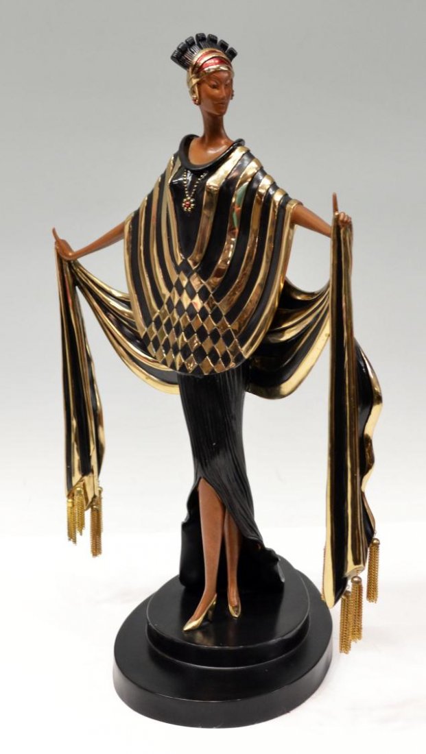 ART DECO STYLE BRONZE, OPENING NIGHT, AFTER ERTE: Art Deco style polychrome and parcel gilt bronze sculpture, a limited edition, 'Opening Night', after Ert? (Romain de Tirtoff, Russian/French, 1892-1990), female figure clad in elaborate drapery with