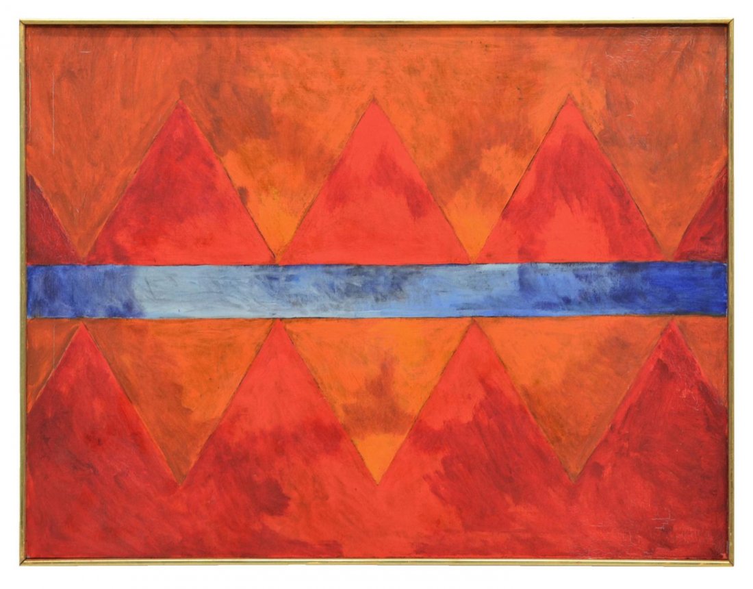 ABSTRACT PAINTING, COSMIC TRAIL, VERA SIMONS: Framed painting on canvas, "Cosmic Trail", by Vera Simons (Vera Habrecht Simons, German/ American, 1920-2012), signed and titled verso, some craquelure, sight: 30"h, 40"w, overall: 30.75"h, 40.75"w, 5