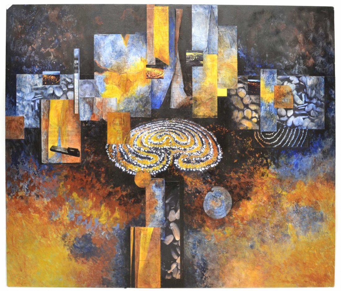CONTEMPORARY COLLAGE, LABYRINTH, VERA SIMONS: Unframed painting and mixed media collage on artist board, from the Labyrinth Series, by Vera Simons (Vera Habrecht Simons, German/ American, 1920-2012), signed and dated 98 verso, loss at top left co