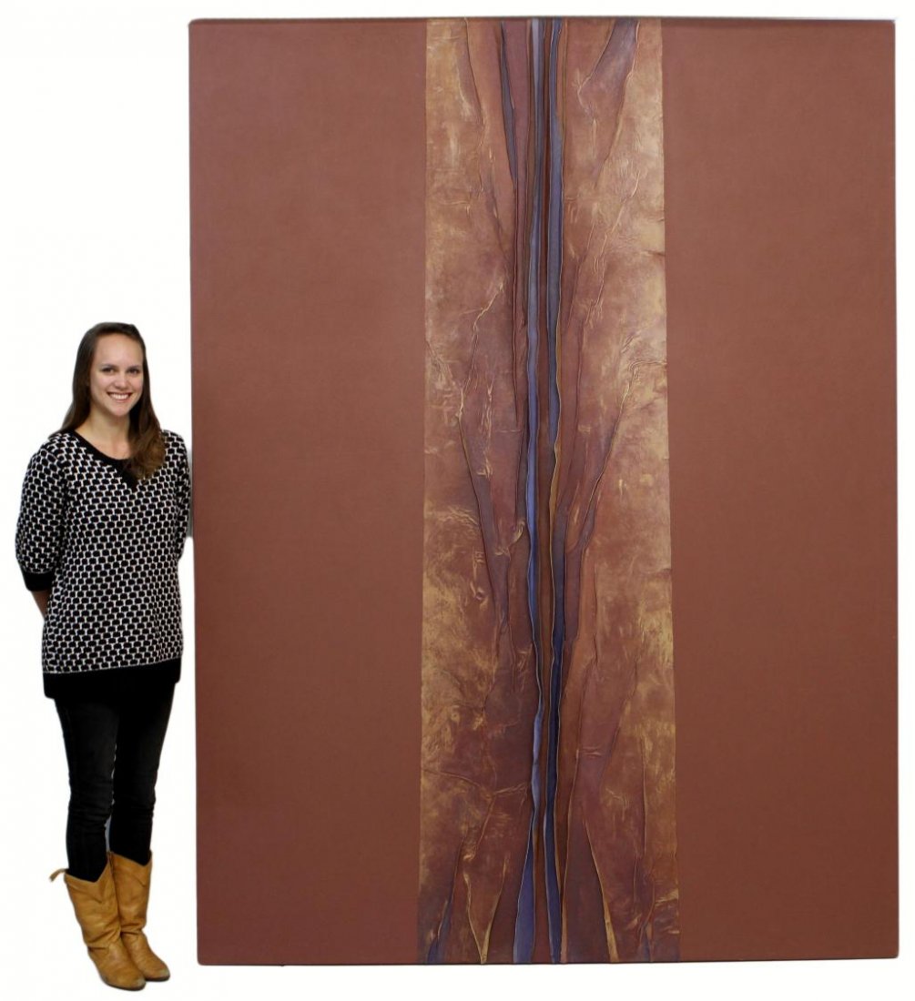 MIXED MEDIA PAINTING, SIERRA LUCERO, VERA SIMMONS: Large unframed mixed media painting on canvas,"Trajectory IX - Sierra Lucero", from the Trajectory Series portraying New Mexico rivers from above, by Vera Simons (Vera Habrecht Simons, German/ America