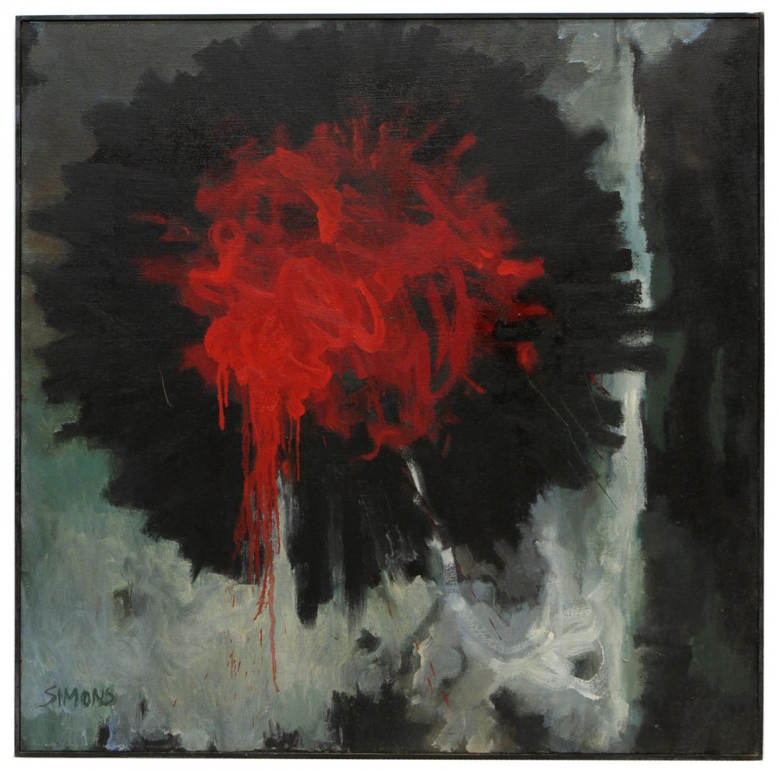 ABSTRACT PAINTING, RED, GREEN, BLACK, VERA SIMONS: Framed painting on canvas, vibrant abstract, signed lower left Simons (Vera Habrecht Simons, German/ American, 1920-2012), remnants of gallery tag verso, sight: 40"h, 40"w, overall: 40.75"h, 40.5"w, 5