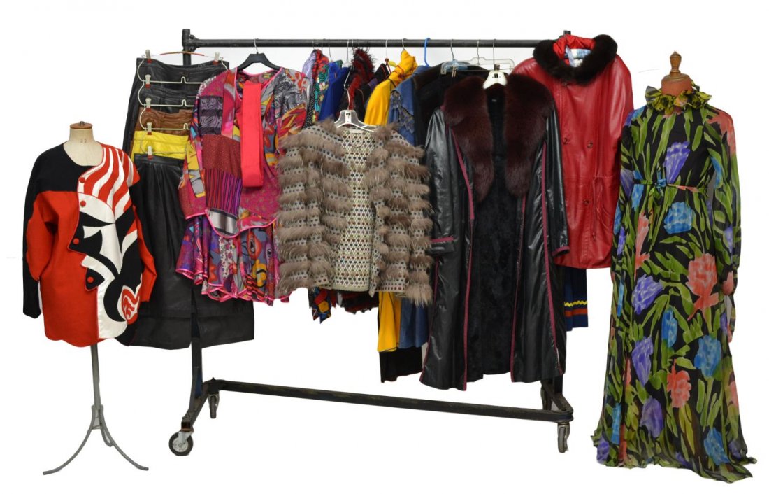 HUGE COLLECTION OF LADIES VINTAGE DESIGNER CLOTHES: (lot) Large collection of vintage ladies clothing, varied sizes, highlights include: Petra Block abstract jacket, Anna Weatherley silk floral dress, Overland Outfitter leather jacket with fur, Schjeld