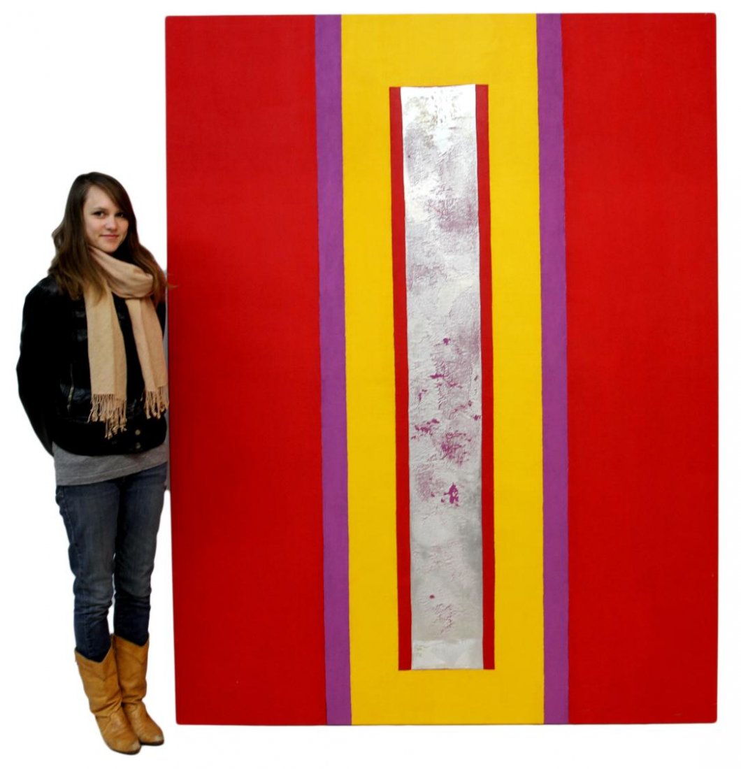MODERN PAINTING, RED, YELLOW, SILVER, VERA SIMONS: Unframed mixed media painting on canvas, vibrant red, yellow, purple and silver abstract, by Vera Simons (Vera Habrecht Simons, German/ American, 1920-2012), unsigned, 84.5"h, 65.25"w, 15.75lbs **Prov