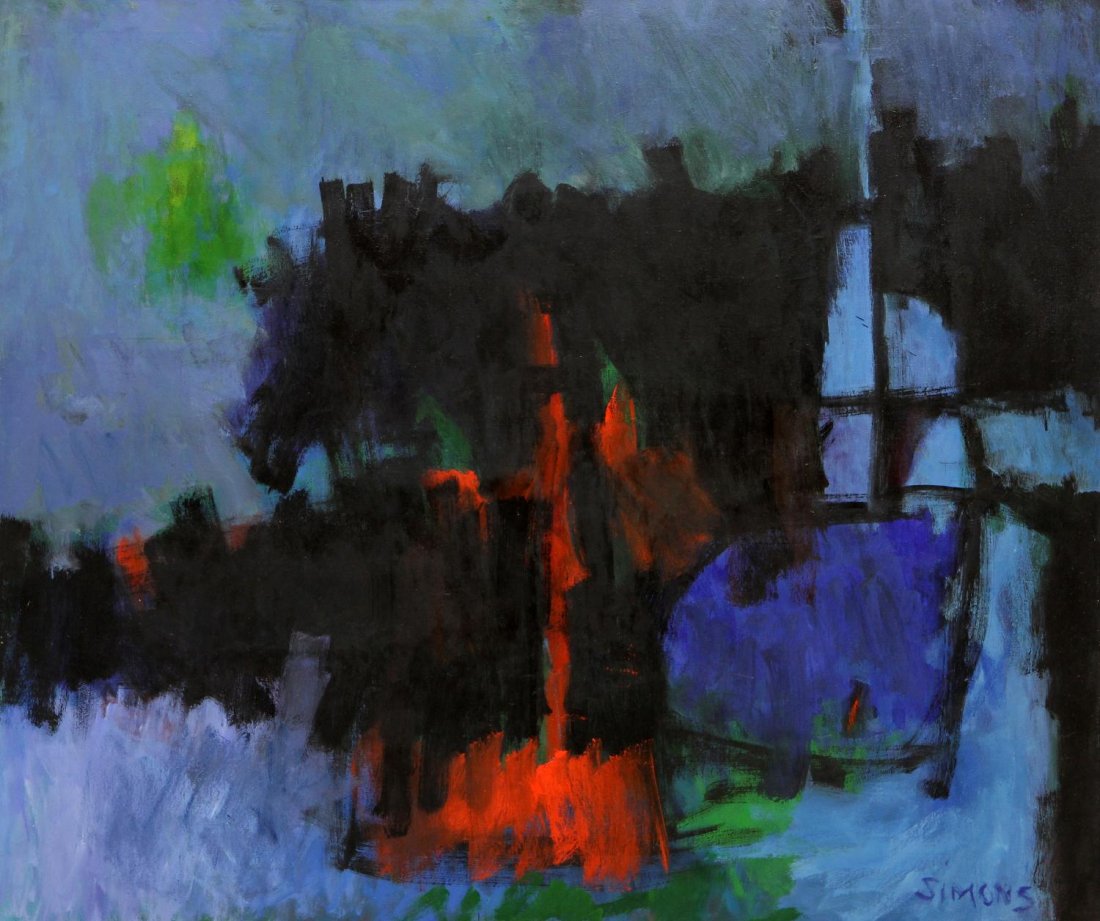 ABSTRACT EXPRESSIONISM PAINTING,WINDOWS, VERA SIMONS: Framed painting on canvas, "Windows", signed lower right Simons (Vera Habrecht Simons, German/ American, 1920-2012), titled and signed verso, sight: 45"h, 47.75"w, overall: 40.5"h, 48"w, 6.5lbs **Prov
