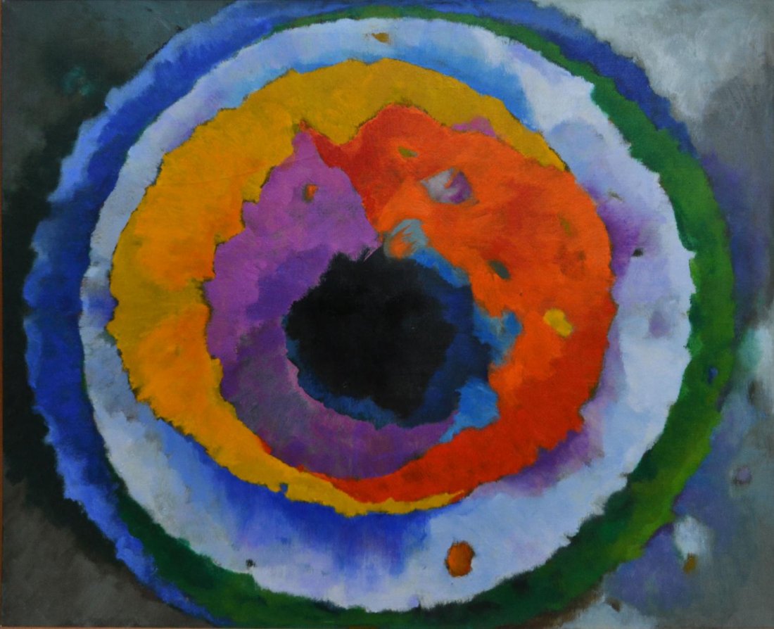 ABSTRACT EXPRESSIONISM PAINTING,RONDURE, VERA SIMONS: Framed painting on canvas, "Rondure", by Vera Simons (Vera Habrecht Simons, German/ American, 1920-2012), signed and titled verso, sight: 40"h, 48.5"w, overall: 40.5"h, 49"w, 7.5lbs **Provenance: Esta