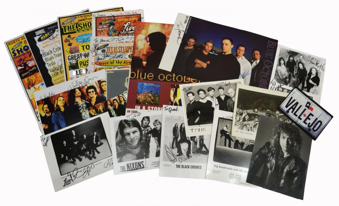 COLLECTION AUTOGRAPHED BAND PHOTOS & MUSIC POSTERS: (lot) Large collection of autographed promotional band photos and posters, highlights include: two Blue October posters, Train photo, The Black Crowes, The Nixons, KLBJ Austin, TX radio station "The S