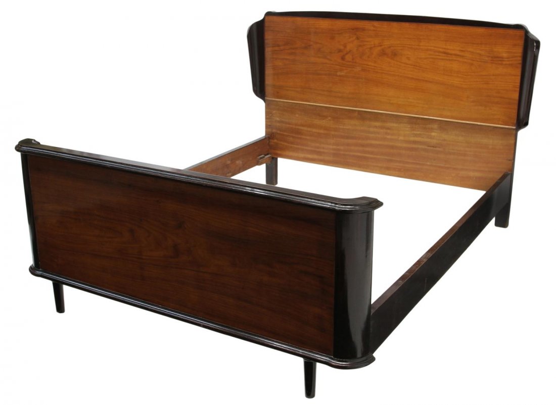 ITALIAN ART DECO EBONIZED MAHOGANY BED: Italian Art Deco mahogany bed with ebonized accents, c. 1925, a shaped wing back 45öh headboard with shorter footboard, approx interior measurements: 77öl, 61.25öw Start Price: $100.00