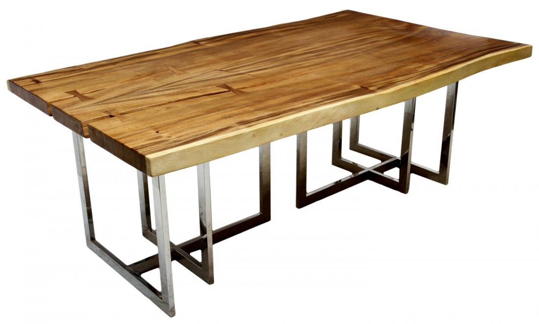 MODERN SLAB TOP TABLE IN THE STYLE OF NAKASHIMA: Contemporary Meh wood slab top table of a single board 2.5" thick, inspired by the work of George Nakashima (American, 1905-1990), rising on chrome legs, 31"h, 84"l, 49.25"d, (H6030) Start Price: $500
