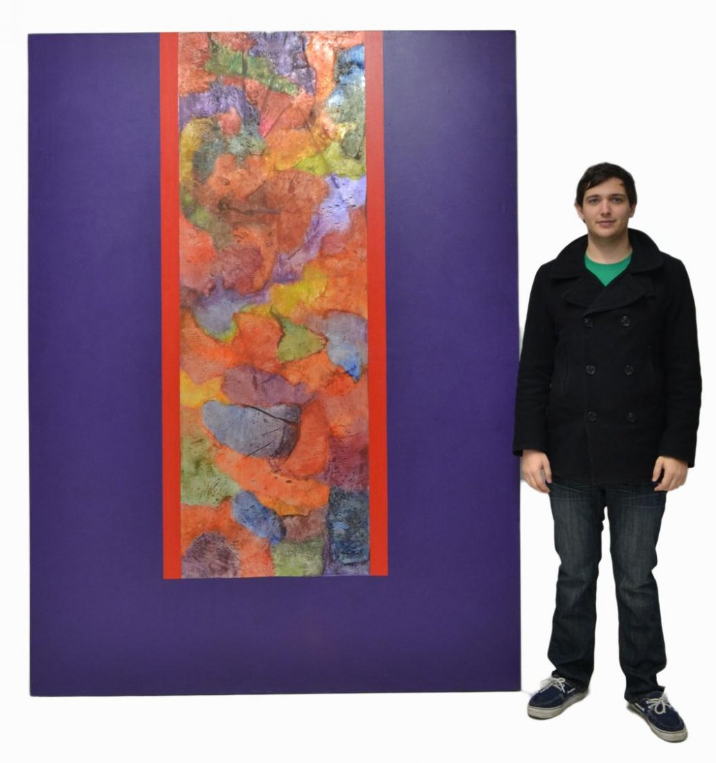 LARGE PAINTING, POLYCHROME ABSTRACT, VERA SIMONS: Large unframed mixed media painting on canvas, a deep purple ground with bright polychrome central design, by Vera Simons (Vera Habrecht Simons, German/ American, 1920-2012), unsigned, 91"h, 88"w, 18l