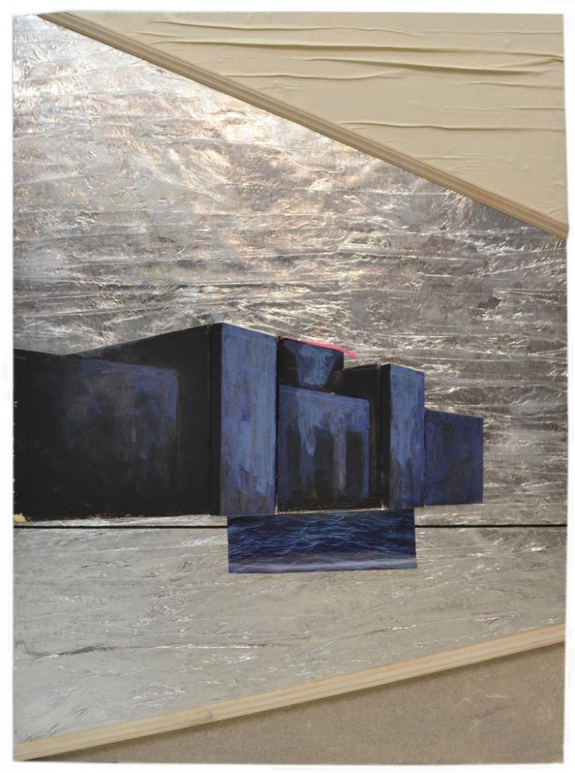 MIXED MEDIA COLLAGE, ARCHITECTURAL, VERA SIMONS: Unframed mixed media painting and collage on artist board, Abstract Architectural Study, by Vera Simons (Vera Habrecht Simons, German/ American, 1920-2012), 66"h, 48"w, 9.5lbs **Provenance: Estate of 