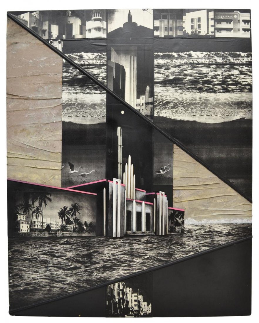 MIXED MEDIA COLLAGE, CITYSCAPES, VERA SIMONS: Unframed mixed media collage on artist board, Cityscapes, by Vera Simons, (Vera Habrecht Simons, German/ American, 1920-2012), unsigned, 60"h, 48"w, 8.25lbs **Provenance: Estate of Vera Habrecht Simon