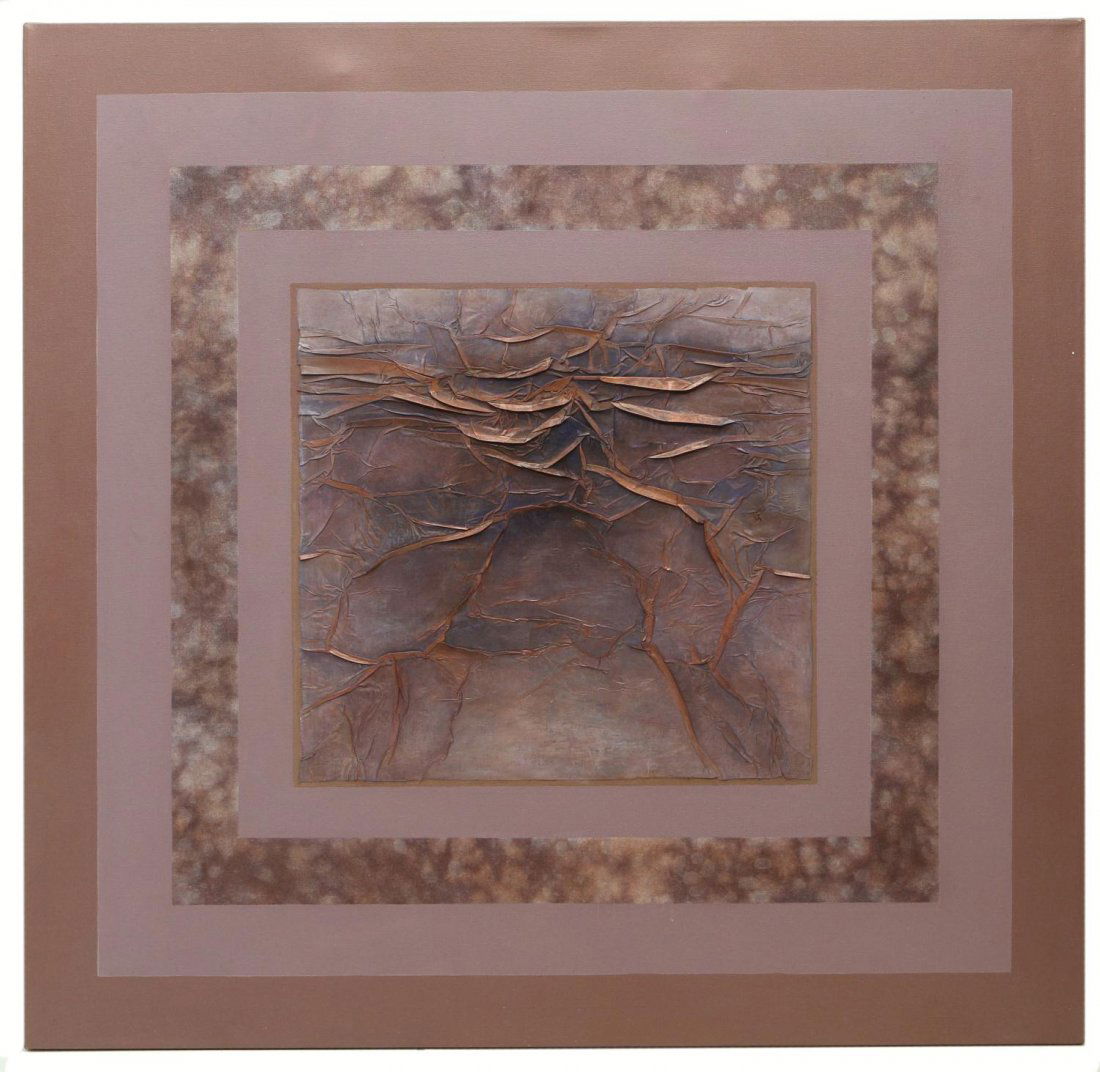 PAINTING, ROCKY MOUNTAIN RIDGES, VERA SIMONS: Unframed mixed media painting on canvas, "Rocky Mountain Ridges", by Vera Simons (Vera Habrecht Simons, German/ American, 1920-2012), signed, titled, and dated 1986 verso, 54.25"h, 54.25"w, 12.25lbs *