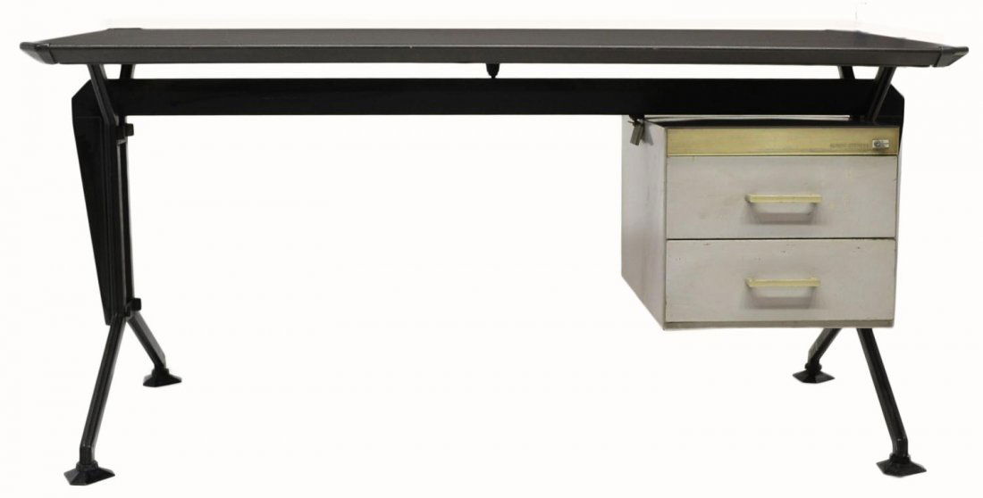 ITALIAN OLIVETTI SYNTHESIS FLOATING PEDESTAL DESK: Italian mid-century modern desk, made by Olivetti Synthesis, c. 1960's two drawer single floating pedestal with laminated steel top on black metal frame, 63öw, 31.75öd **NOTE: A similar example foun
